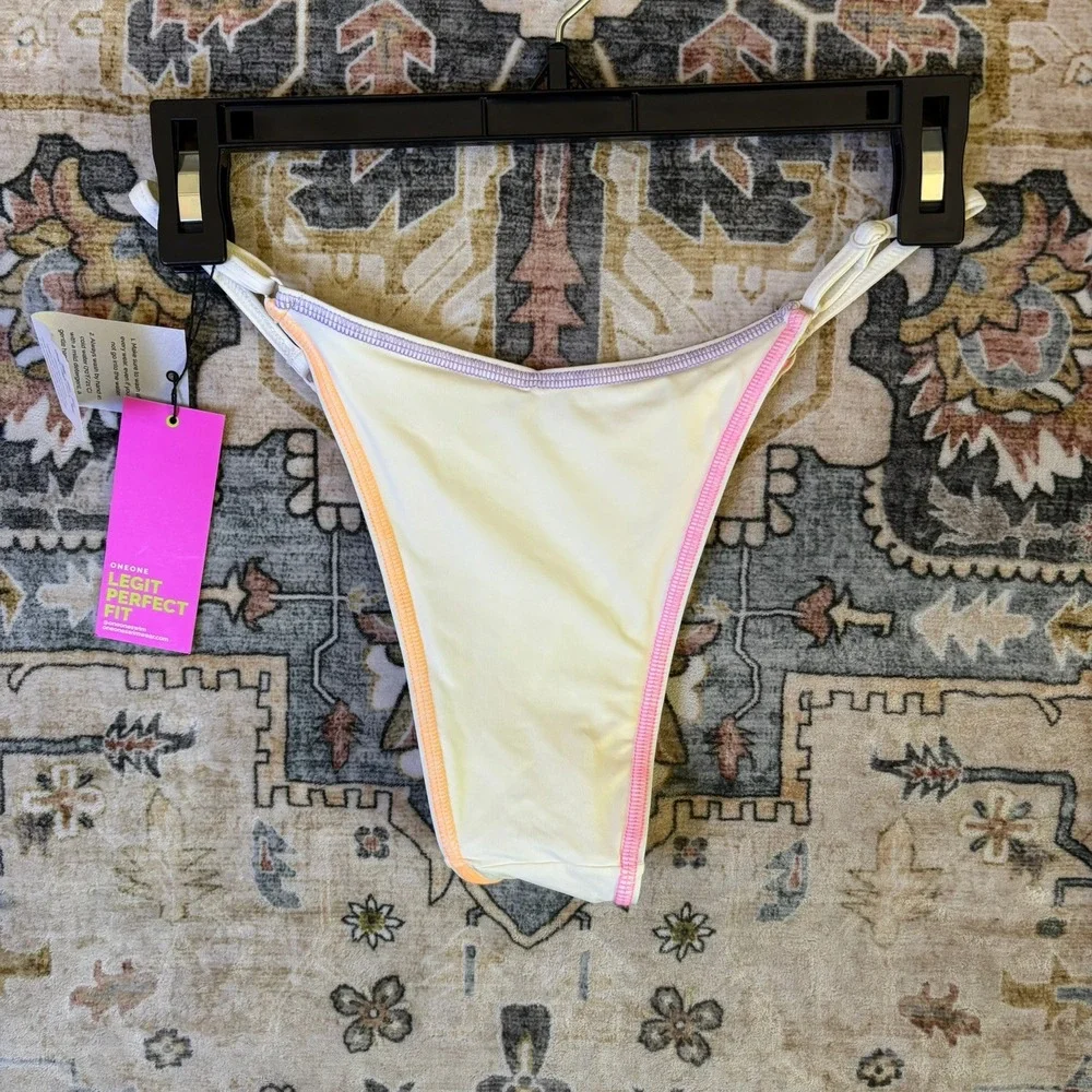 ONEONE Bikini Set Cream Neon Rainbow Stitch Cutout Triangle Top High Cut Bottoms